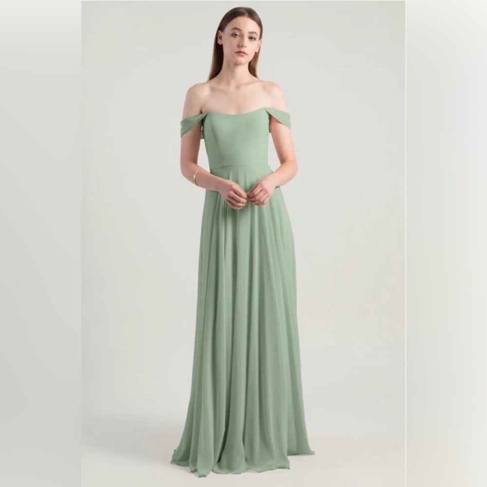 Jenny Yoo Valance Dress Sea Foam Sage Light Green Off Shoulder Staps Gown Maxi